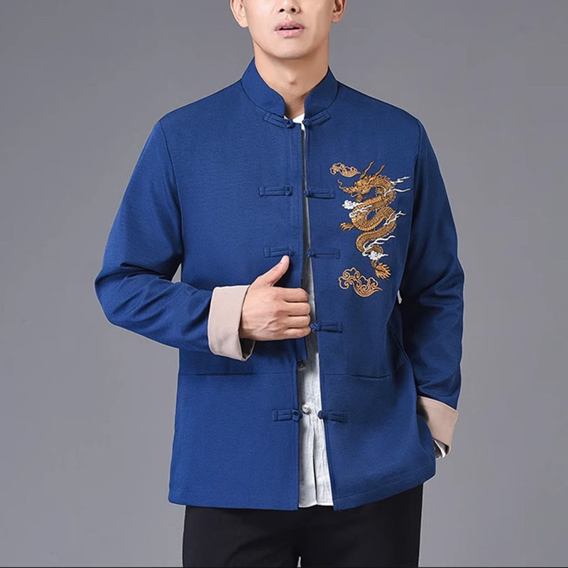 Dragon Embroidery Frog-button Polyester Men's Jacket Shirt Clothing With Pockets