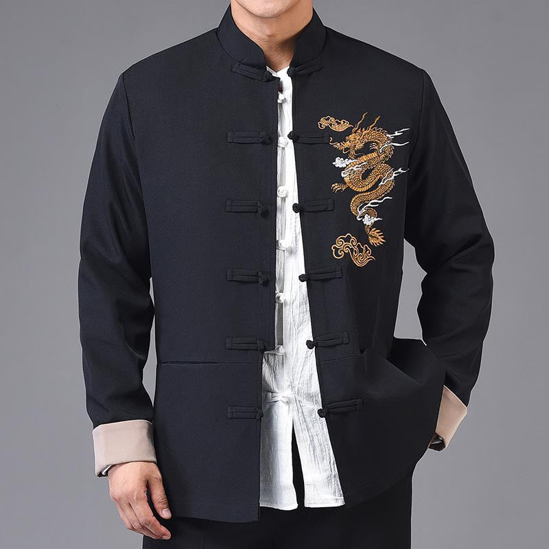 Dragon Embroidery Frog-button Polyester Men's Jacket Shirt Clothing With Pockets