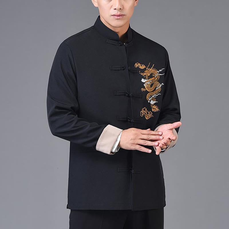 Dragon Embroidery Frog-button Polyester Men's Jacket Shirt Clothing With Pockets