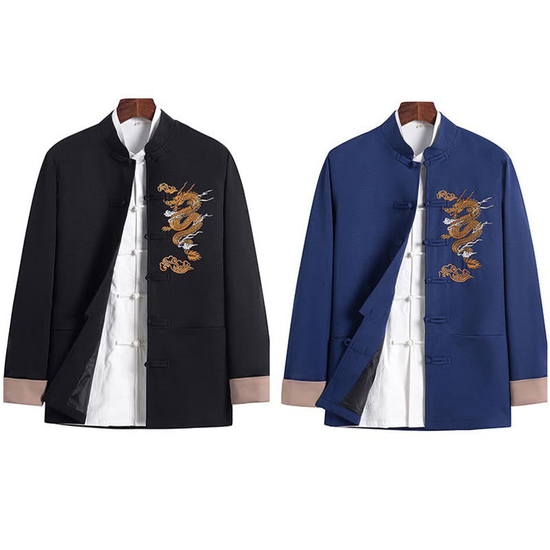 Dragon Embroidery Frog-button Polyester Men's Jacket Shirt Clothing With Pockets