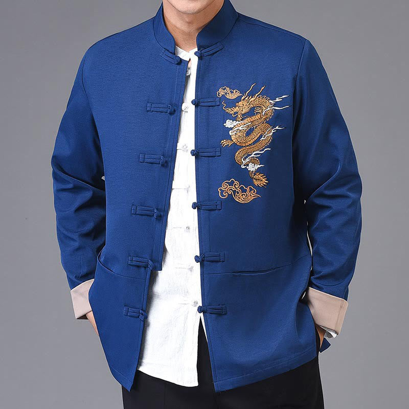 Dragon Embroidery Frog-button Polyester Men's Jacket Shirt Clothing With Pockets