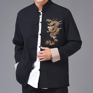 Dragon Embroidery Frog-button Polyester Men's Jacket Shirt Clothing With Pockets