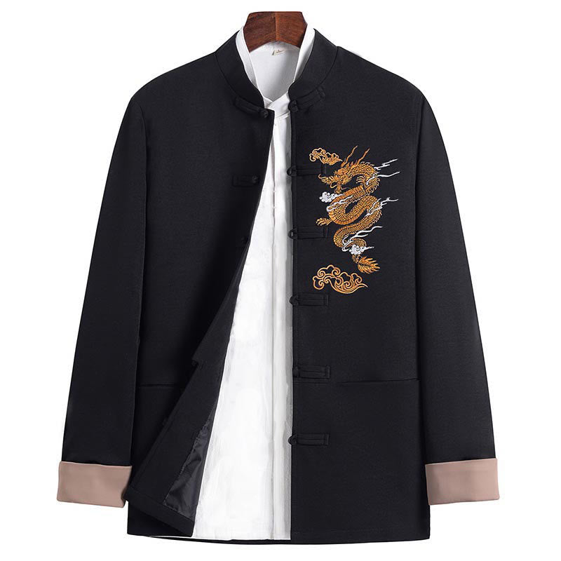 Dragon Embroidery Frog-button Polyester Men's Jacket Shirt Clothing With Pockets