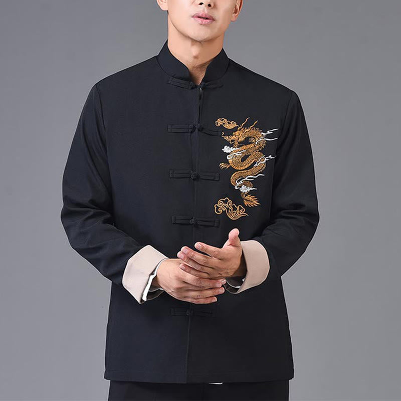 Dragon Embroidery Frog-button Polyester Men's Jacket Shirt Clothing With Pockets