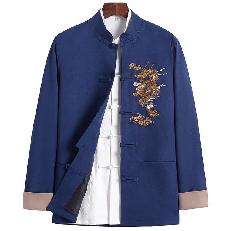 Dragon Embroidery Frog-button Polyester Men's Jacket Shirt Clothing With Pockets