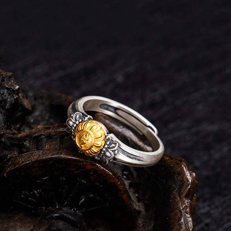 925 Sterling Silver Adjustable Ring with Gold Bodhisattva Tara and Symmetrical Floral Engravings