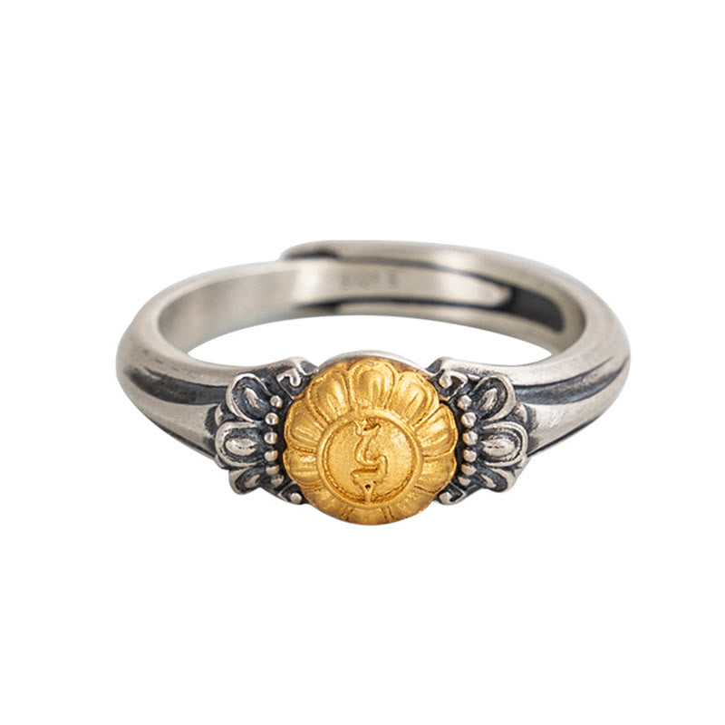 925 Sterling Silver Adjustable Ring with Gold Bodhisattva Tara and Symmetrical Floral Engravings