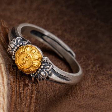 925 Sterling Silver Adjustable Ring with Gold Bodhisattva Tara and Symmetrical Floral Engravings
