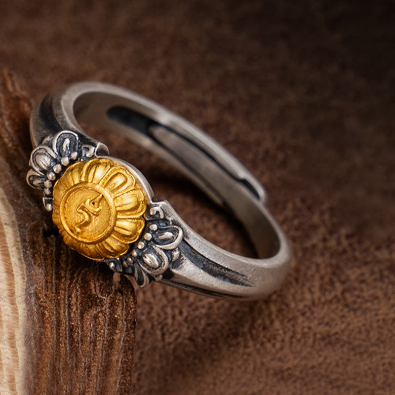 925 Sterling Silver Adjustable Ring with Gold Bodhisattva Tara and Symmetrical Floral Engravings