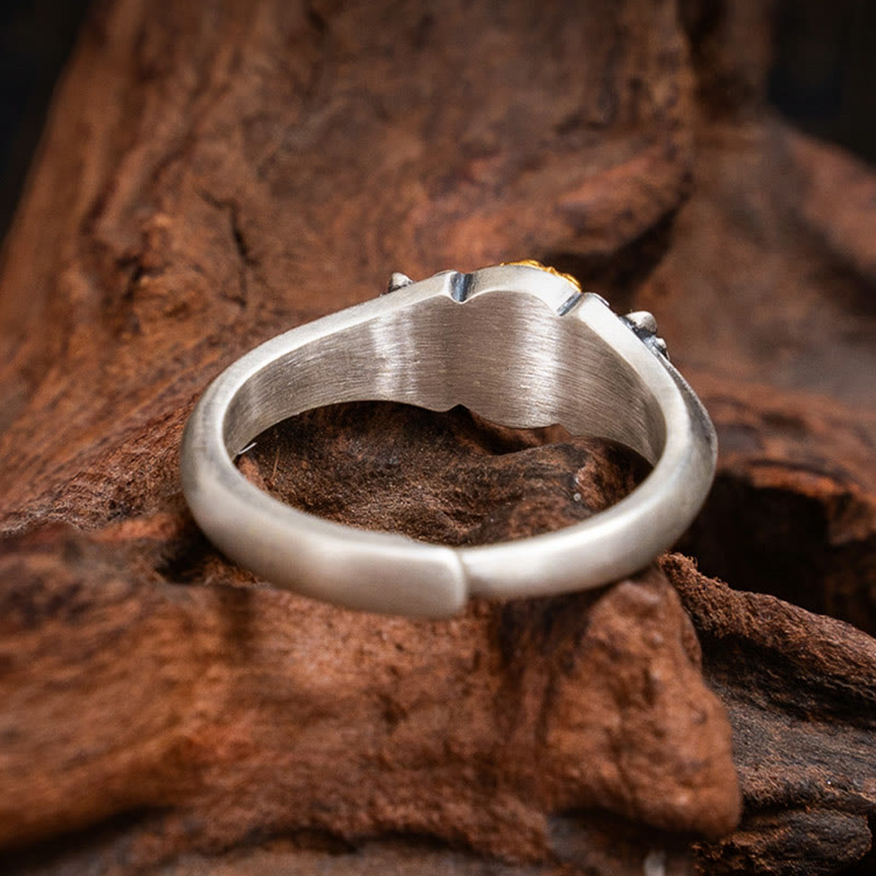 925 Sterling Silver Adjustable Ring with Gold Bodhisattva Tara and Symmetrical Floral Engravings