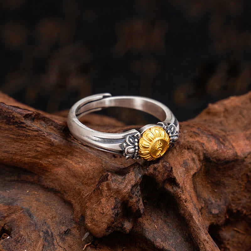 925 Sterling Silver Adjustable Ring with Gold Bodhisattva Tara and Symmetrical Floral Engravings