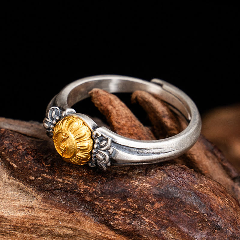 925 Sterling Silver Adjustable Ring with Gold Bodhisattva Tara and Symmetrical Floral Engravings