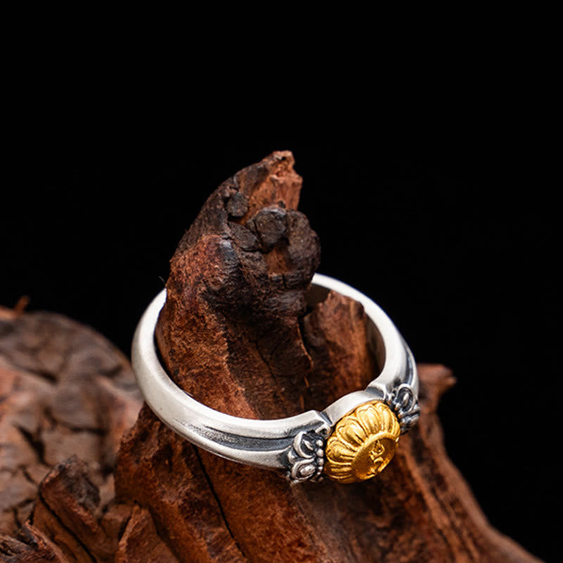 925 Sterling Silver Adjustable Ring with Gold Bodhisattva Tara and Symmetrical Floral Engravings