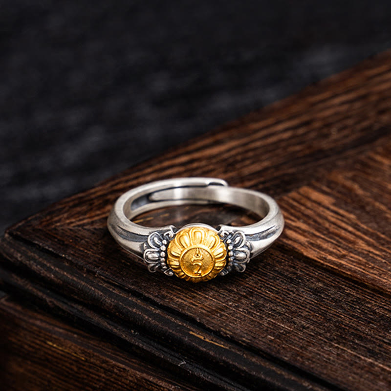925 Sterling Silver Adjustable Ring with Gold Bodhisattva Tara and Symmetrical Floral Engravings