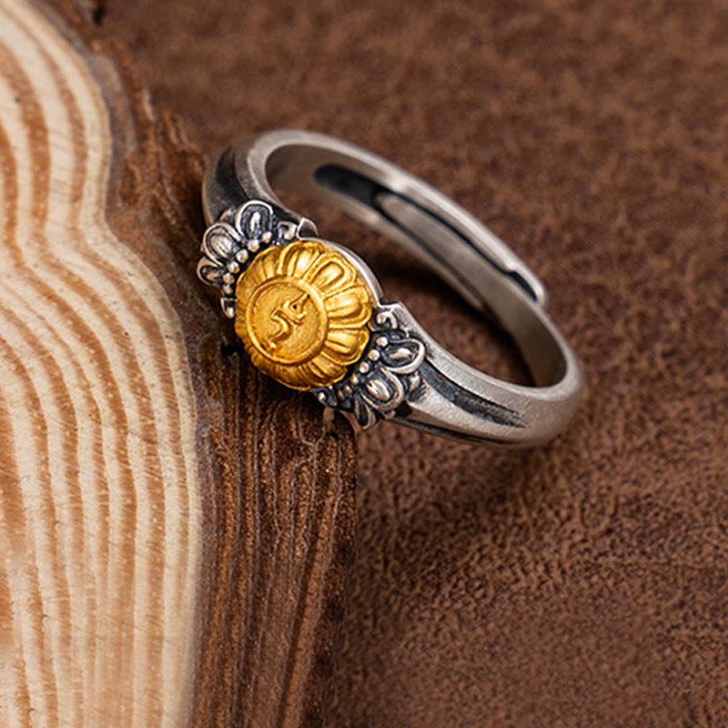 925 Sterling Silver Adjustable Ring with Gold Bodhisattva Tara and Symmetrical Floral Engravings