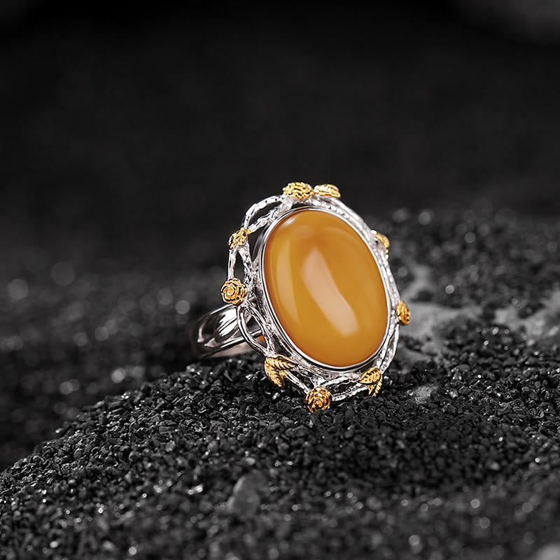 Adjustable Amber Oval Ring with 990 Sterling Silver & Gold Plated Accents
