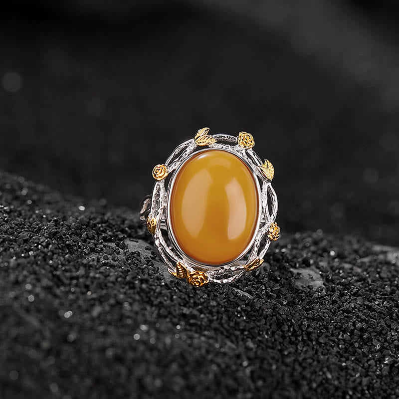 Adjustable Amber Oval Ring with 990 Sterling Silver & Gold Plated Accents