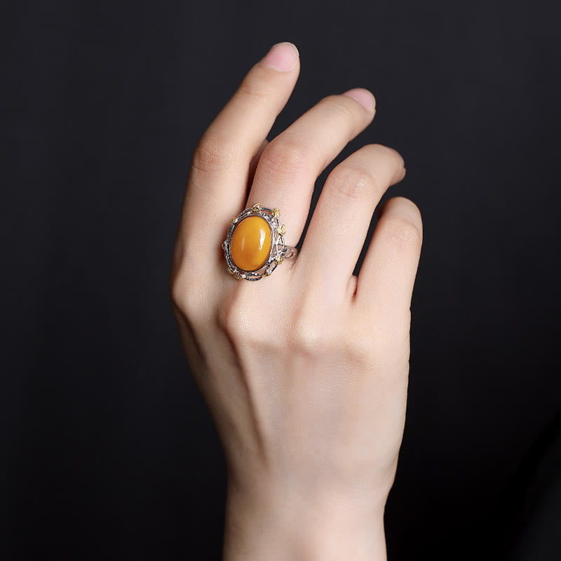 Adjustable Amber Oval Ring with 990 Sterling Silver & Gold Plated Accents