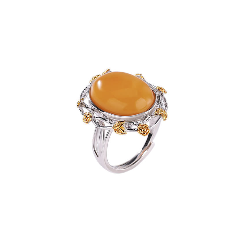 Adjustable Amber Oval Ring with 990 Sterling Silver & Gold Plated Accents