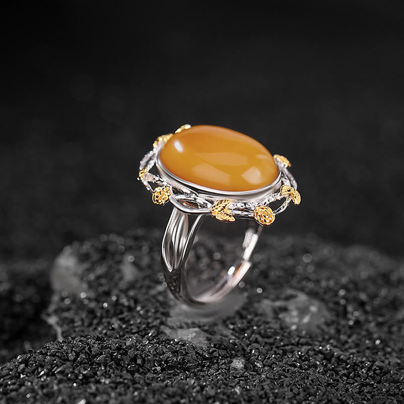 Adjustable Amber Oval Ring with 990 Sterling Silver & Gold Plated Accents