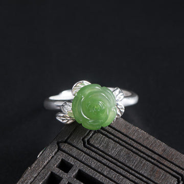 Hand-Carved Green Jade Rose 925 Sterling Silver Adjustable Floral Ring