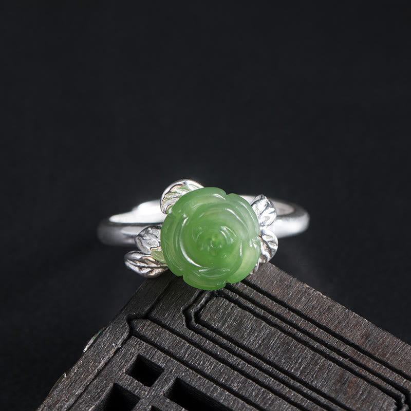 Hand-Carved Green Jade Rose 925 Sterling Silver Adjustable Floral Ring