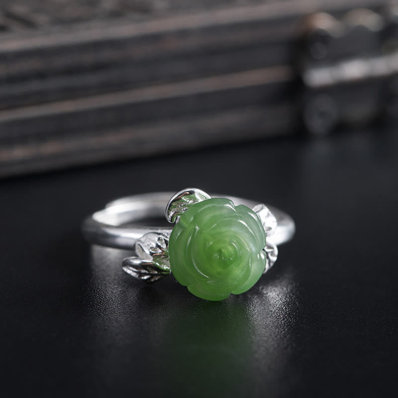 Hand-Carved Green Jade Rose 925 Sterling Silver Adjustable Floral Ring