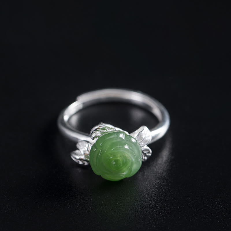 Hand-Carved Green Jade Rose 925 Sterling Silver Adjustable Floral Ring
