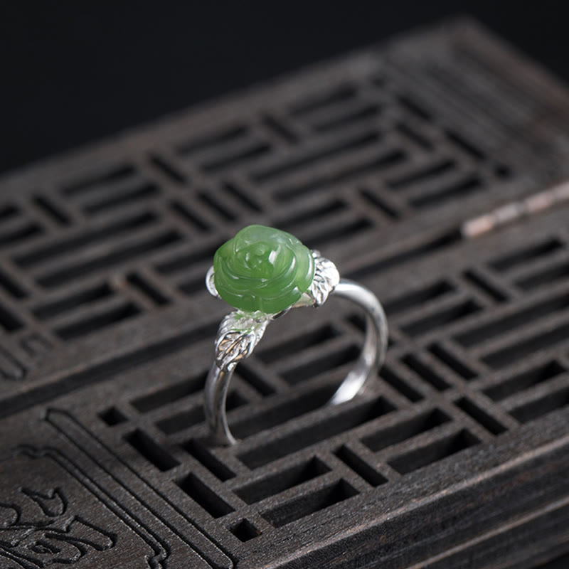 Hand-Carved Green Jade Rose 925 Sterling Silver Adjustable Floral Ring