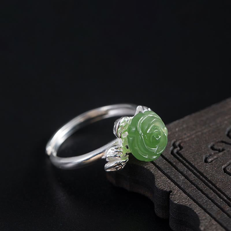 Hand-Carved Green Jade Rose 925 Sterling Silver Adjustable Floral Ring