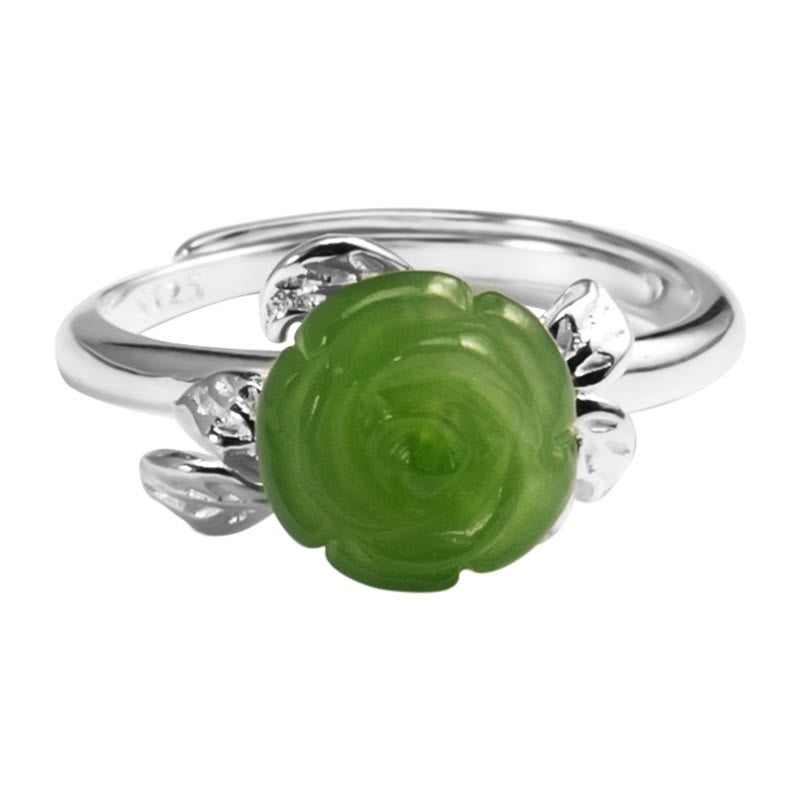 Hand-Carved Green Jade Rose 925 Sterling Silver Adjustable Floral Ring