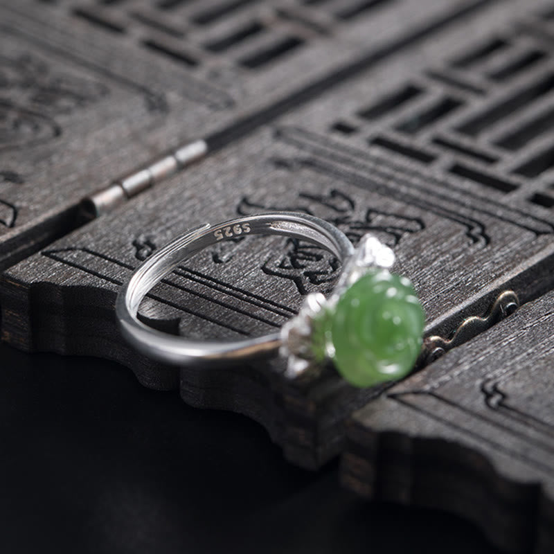 Hand-Carved Green Jade Rose 925 Sterling Silver Adjustable Floral Ring