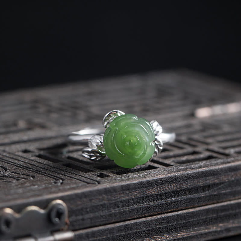 Hand-Carved Green Jade Rose 925 Sterling Silver Adjustable Floral Ring