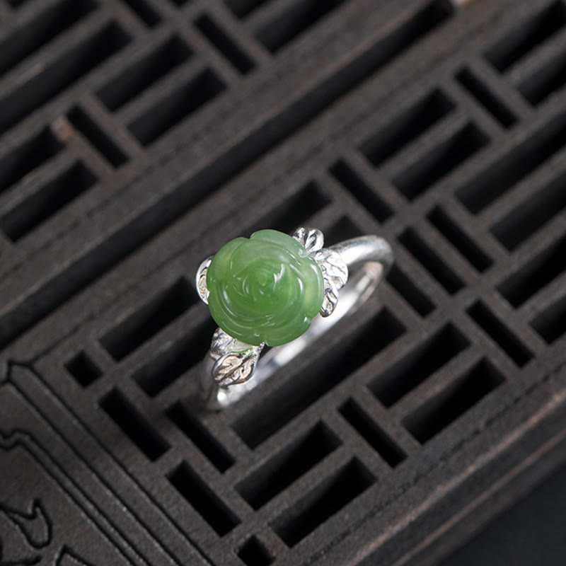 Hand-Carved Green Jade Rose 925 Sterling Silver Adjustable Floral Ring