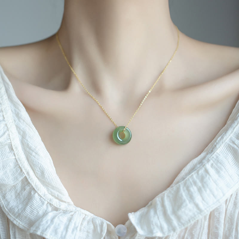 925 Sterling Silver Plated Gold Hetian Jade Peace Buckle Necklace Pendant