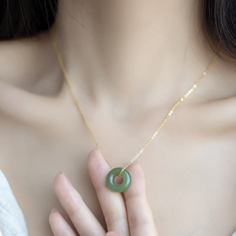 925 Sterling Silver Plated Gold Hetian Jade Peace Buckle Necklace Pendant