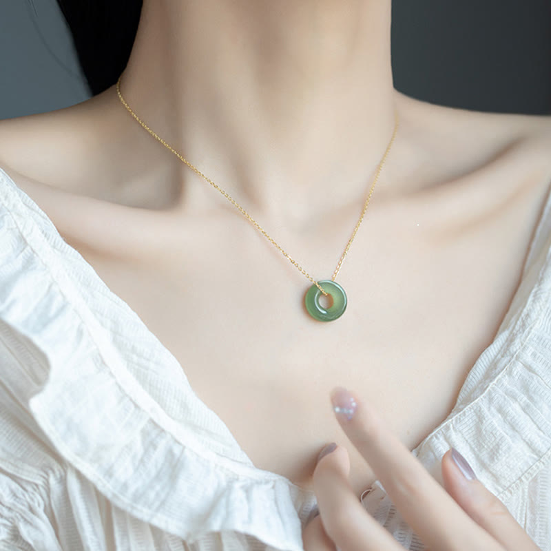 925 Sterling Silver Plated Gold Hetian Jade Peace Buckle Necklace Pendant
