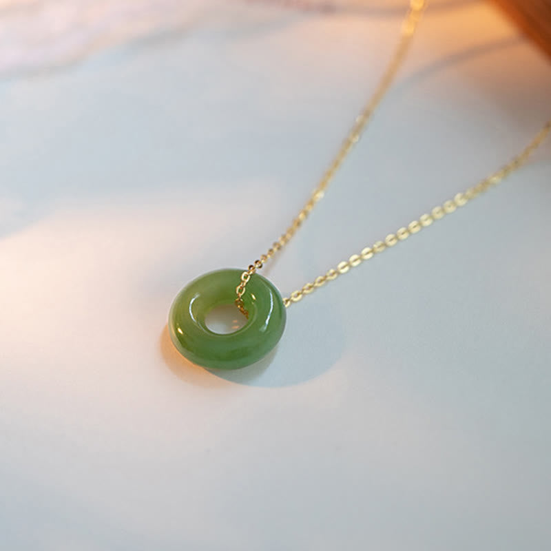 925 Sterling Silver Plated Gold Hetian Jade Peace Buckle Necklace Pendant