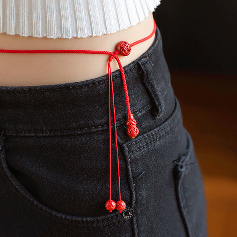 Natural Cinnabar Chinese Zodiac Gourd Calm Blessing Red String Belly Chain