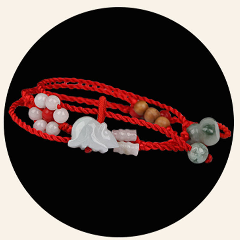 Handmade Red String Peach Wood & Cinnabar Ping An Kou Jade Chinese Zodiac Belly Chain