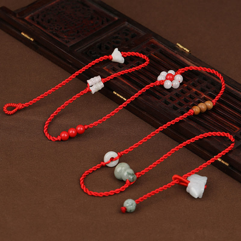 Handmade Red String Peach Wood & Cinnabar Ping An Kou Jade Chinese Zodiac Belly Chain
