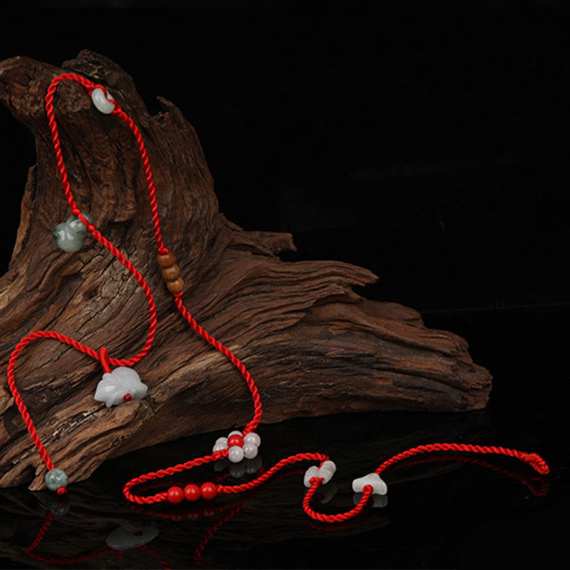 Handmade Red String Peach Wood & Cinnabar Ping An Kou Jade Chinese Zodiac Belly Chain