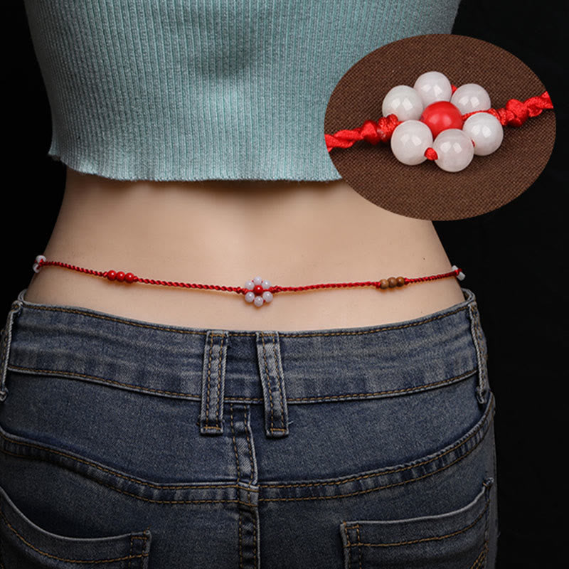 Handmade Red String Peach Wood & Cinnabar Ping An Kou Jade Chinese Zodiac Belly Chain
