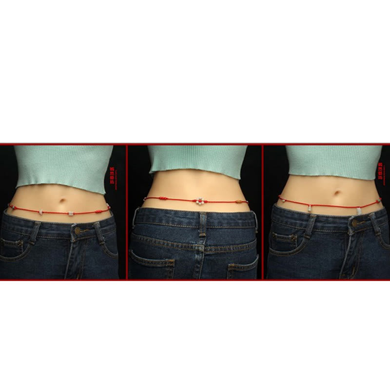 Handmade Red String Peach Wood & Cinnabar Ping An Kou Jade Chinese Zodiac Belly Chain