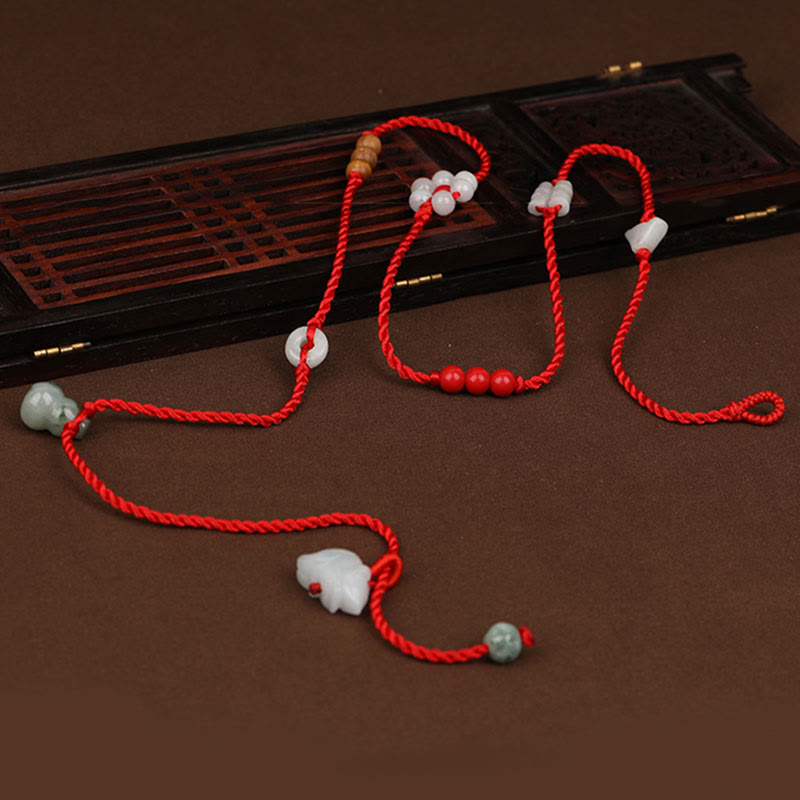Handmade Red String Peach Wood & Cinnabar Ping An Kou Jade Chinese Zodiac Belly Chain