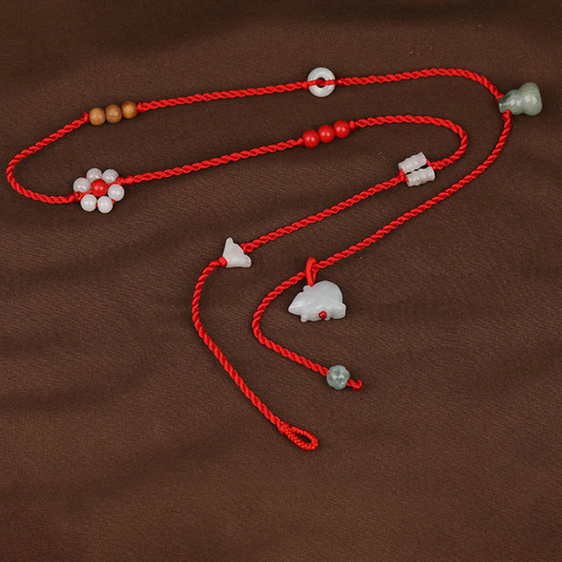 Handmade Red String Peach Wood & Cinnabar Ping An Kou Jade Chinese Zodiac Belly Chain