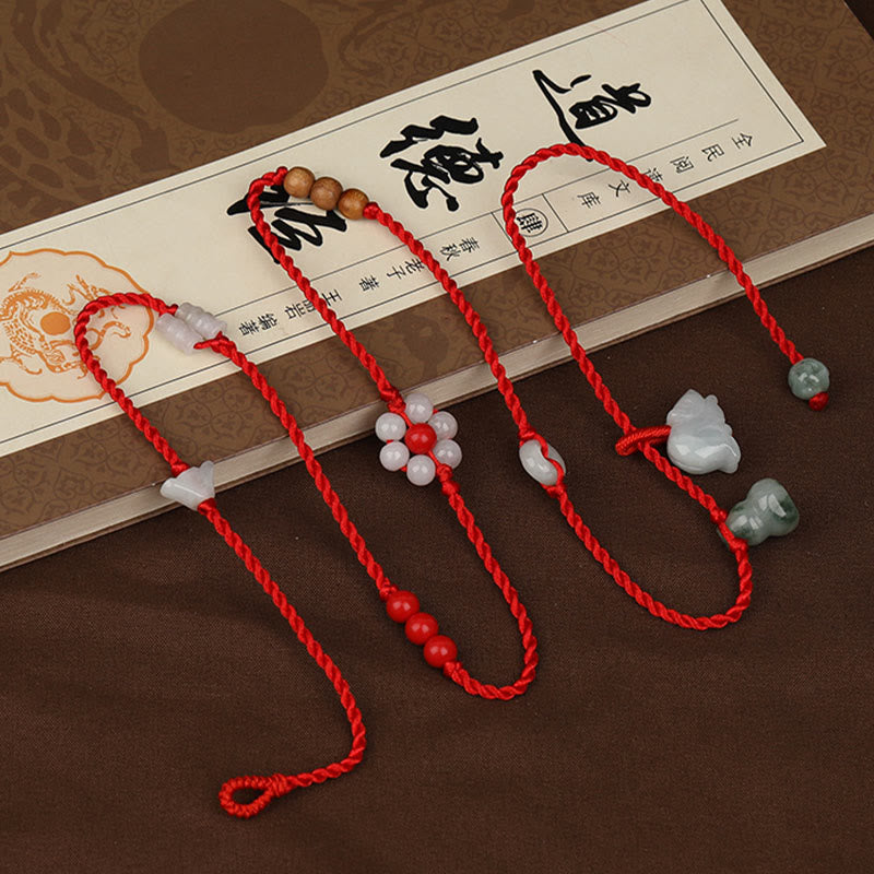 Handmade Red String Peach Wood & Cinnabar Ping An Kou Jade Chinese Zodiac Belly Chain