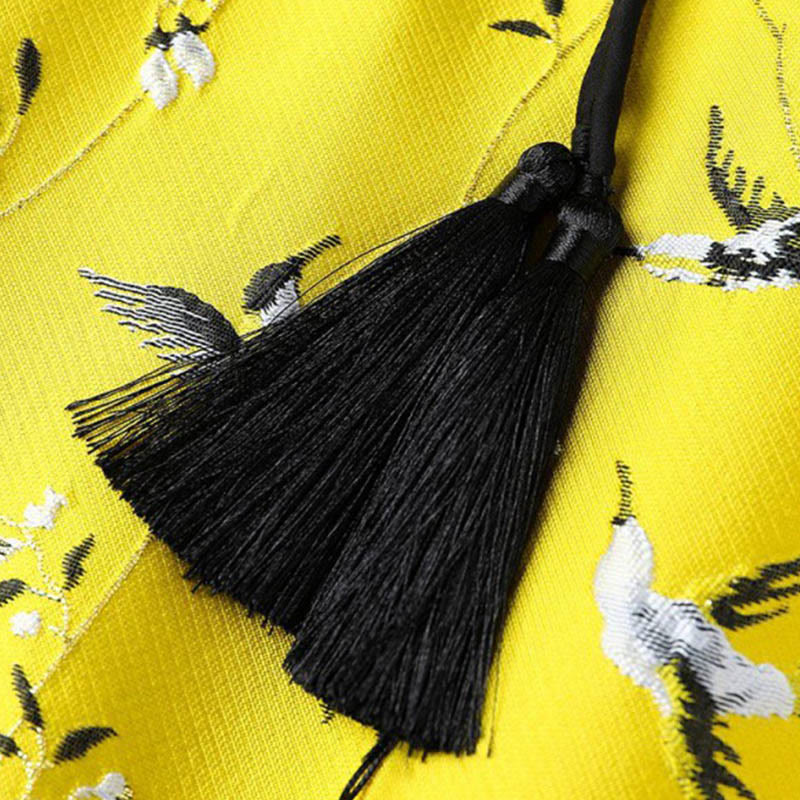 Vintage Embroidery Crane Plants Pattern Knot Button Vest