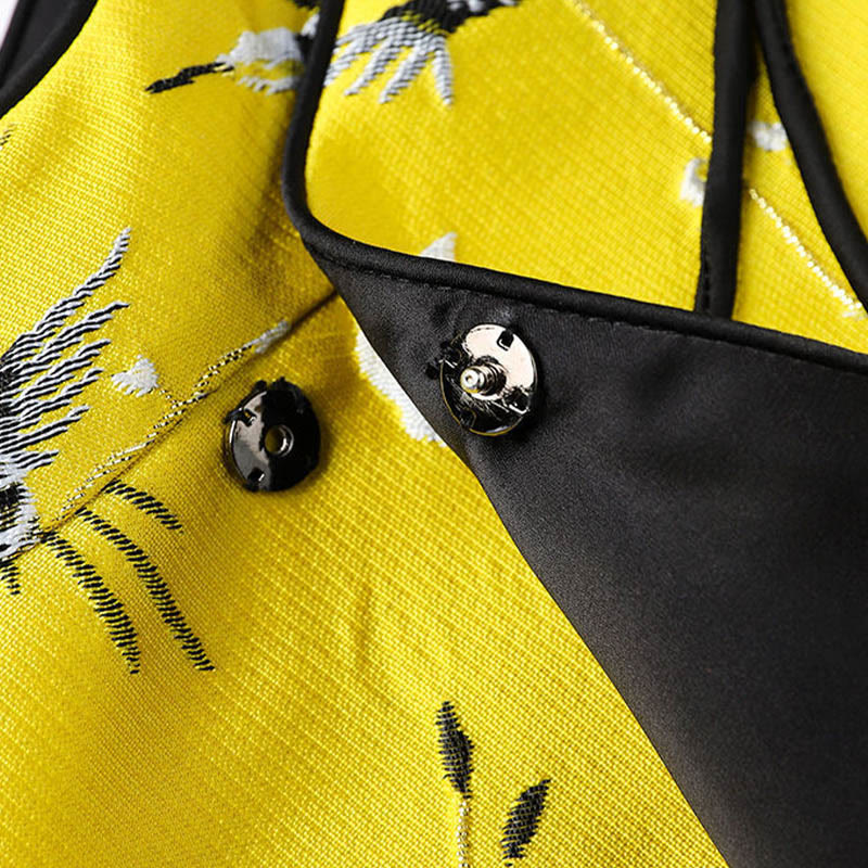 Vintage Embroidery Crane Plants Pattern Knot Button Vest