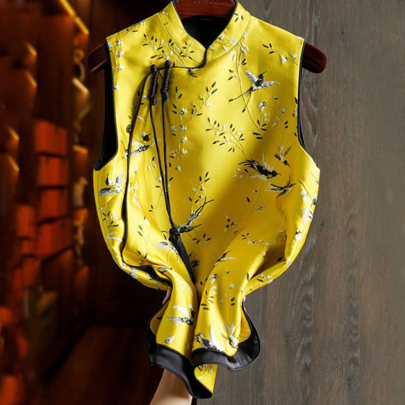 Vintage Embroidery Crane Plants Pattern Knot Button Vest